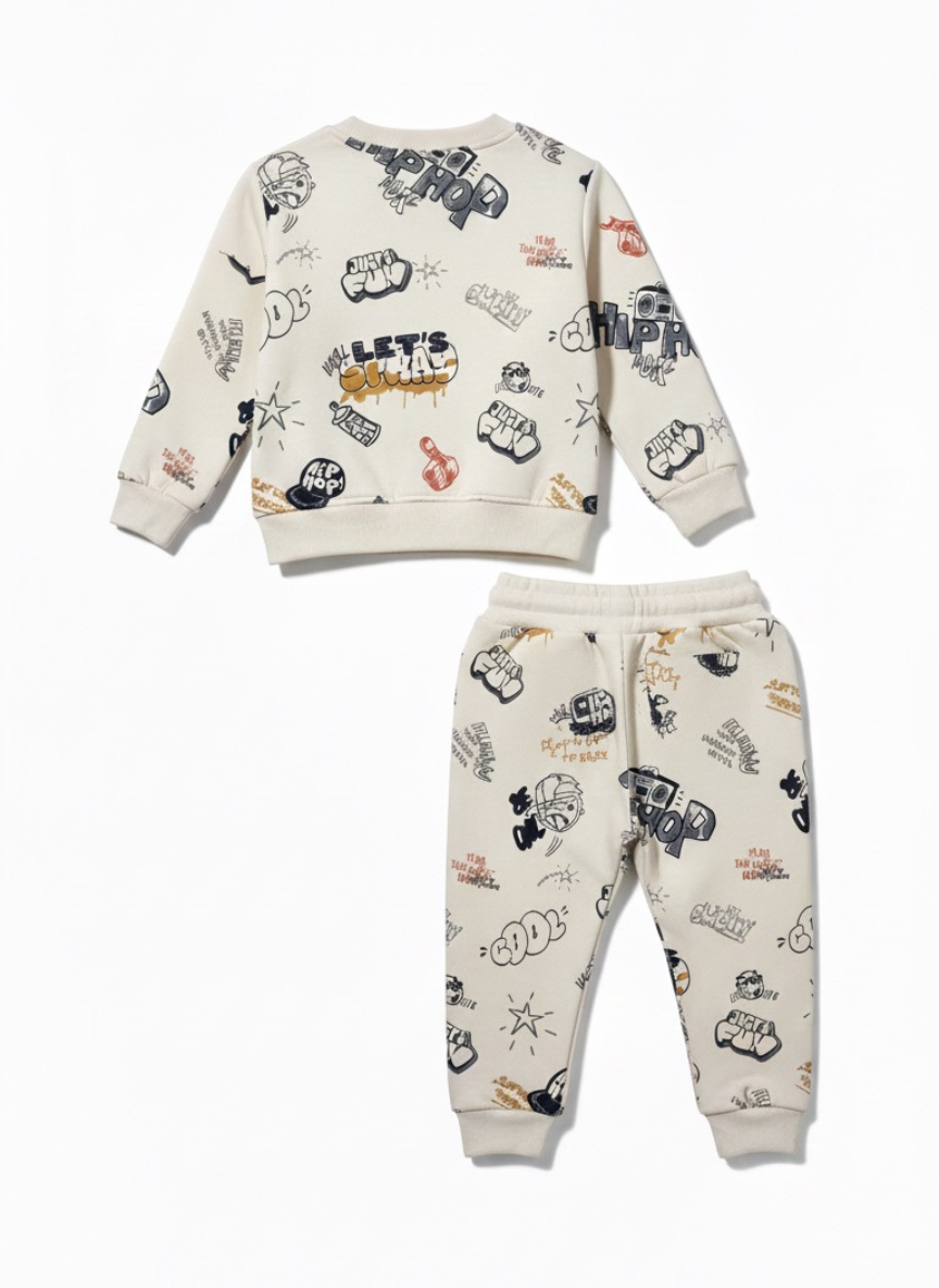 Boys Beige Printed Fleece Co-Ord Set