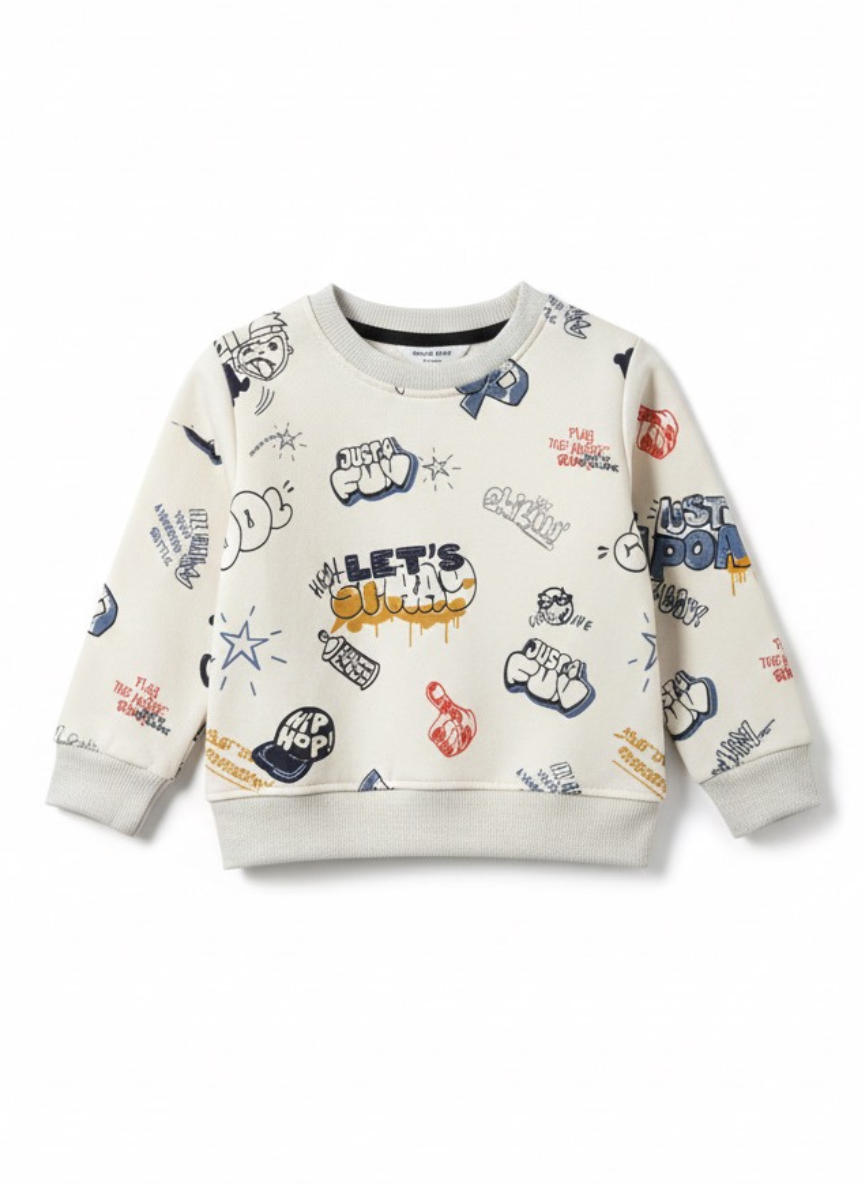 Boys Beige Printed Fleece Co-Ord Set