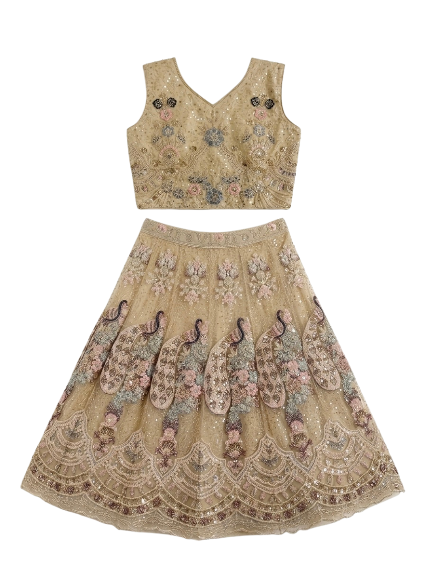 Peacock Net Lehenga Set (5–9 Years)