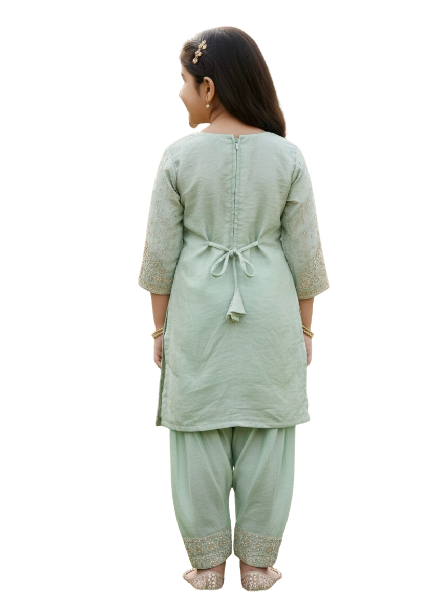 Green Farshi Salwar Set (4–9 Years)