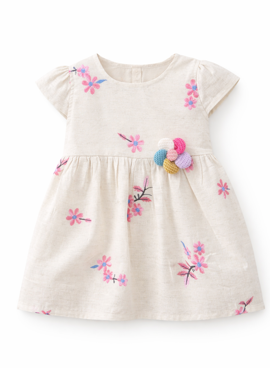 Cream Pink Floral Casual Dress