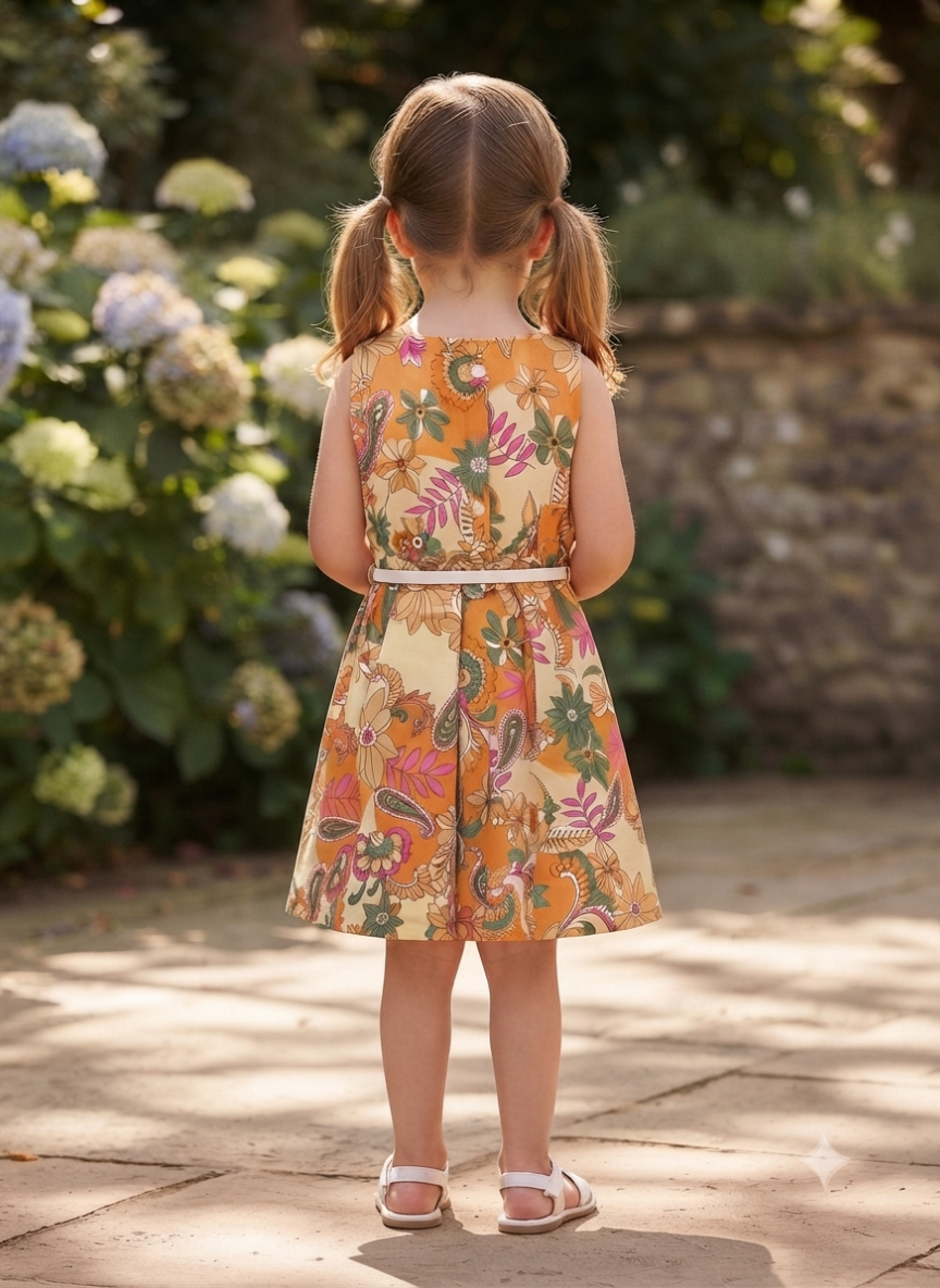 Orange Floral Cotton Dress for Girls