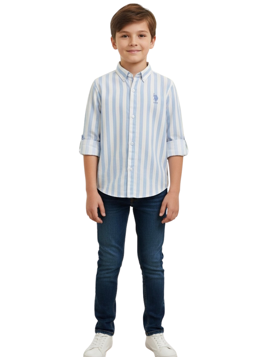 Boys Blue & White Striped Cotton Shirt