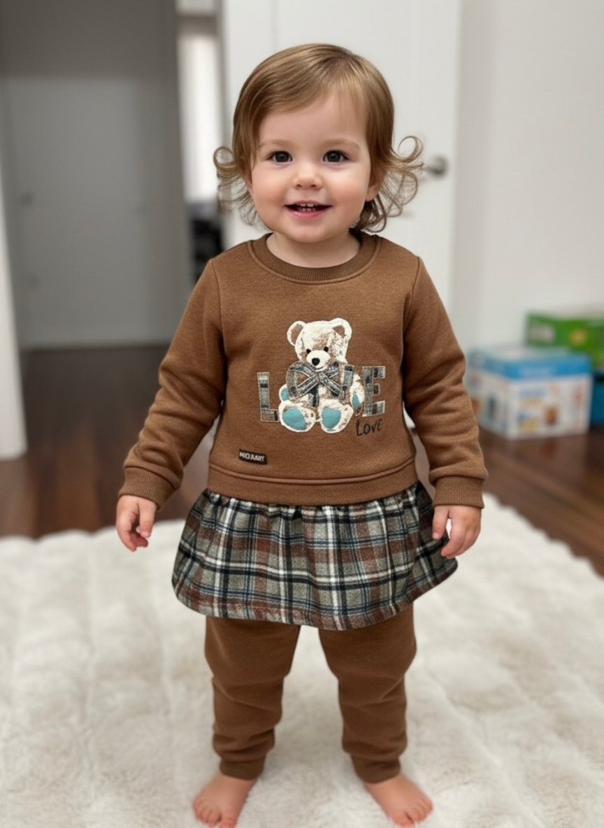 Girls Brown Cotton Mix Dress Set