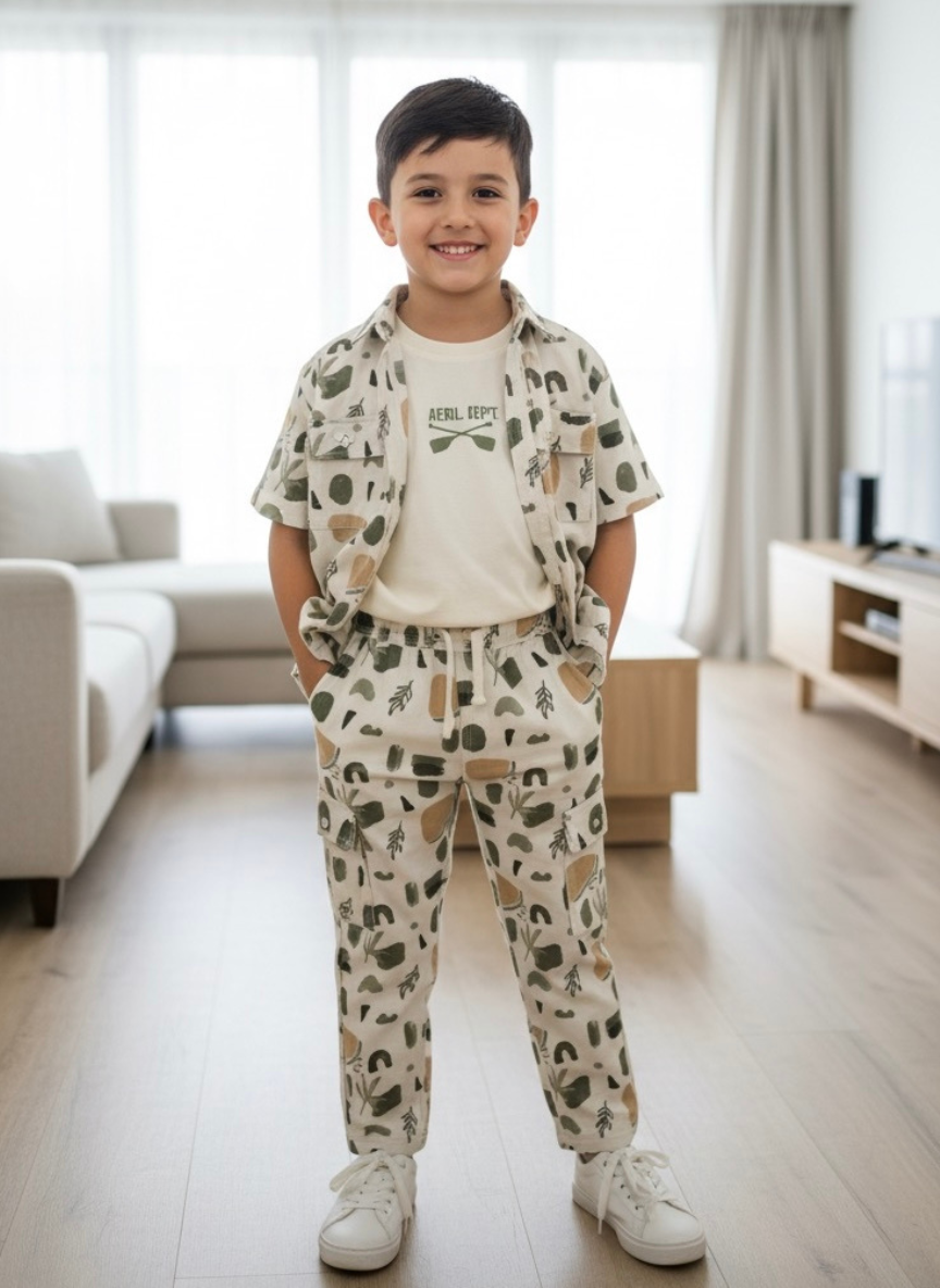 Boys Beige 3-Piece Cotton Co-Ord Set