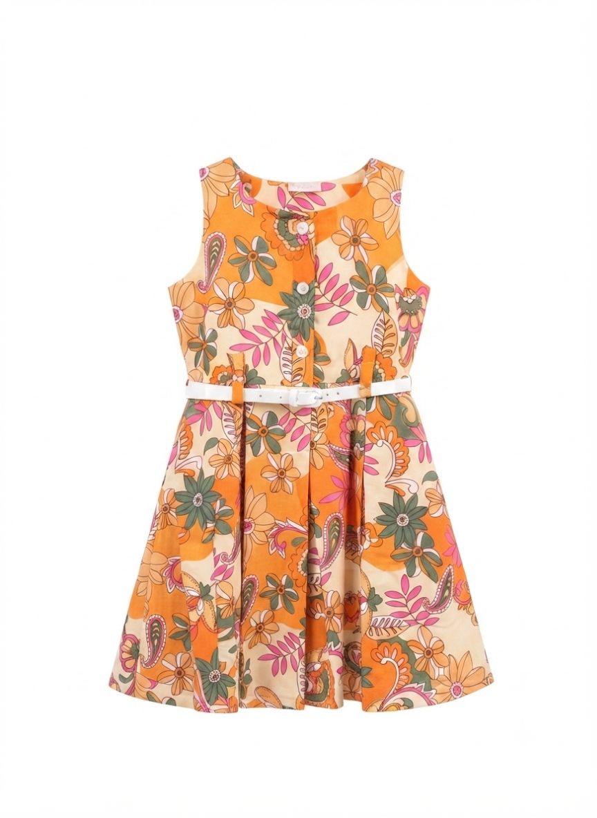 Orange Floral Cotton Dress for Girls