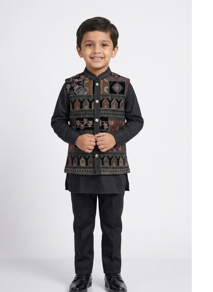 Black Boys Kurta Set with Embroidered Waistcoat