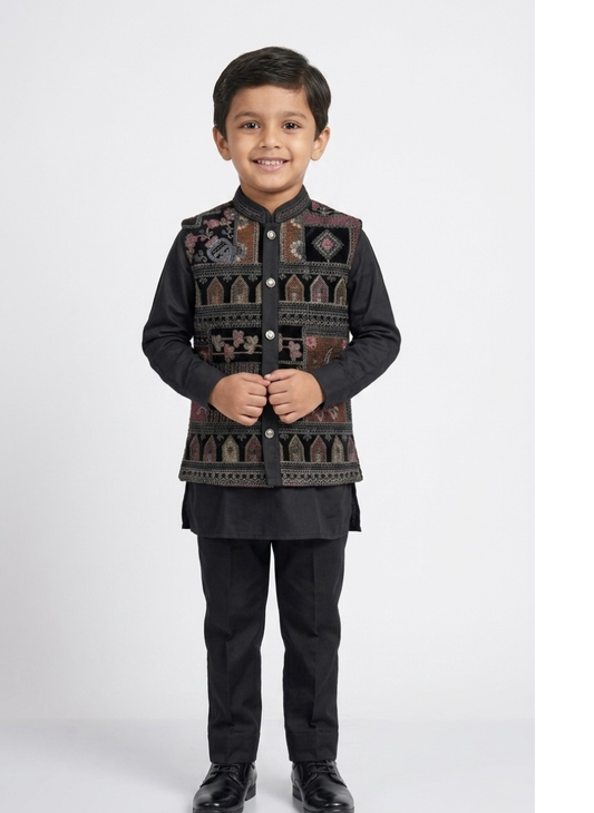 Black Boys Kurta Set with Embroidered Waistcoat