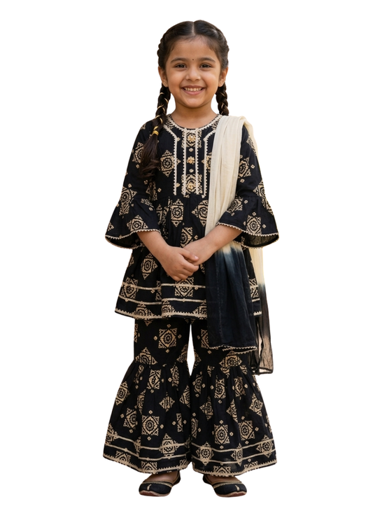 Cotton Black & White Sharara Set (5–10 Years)