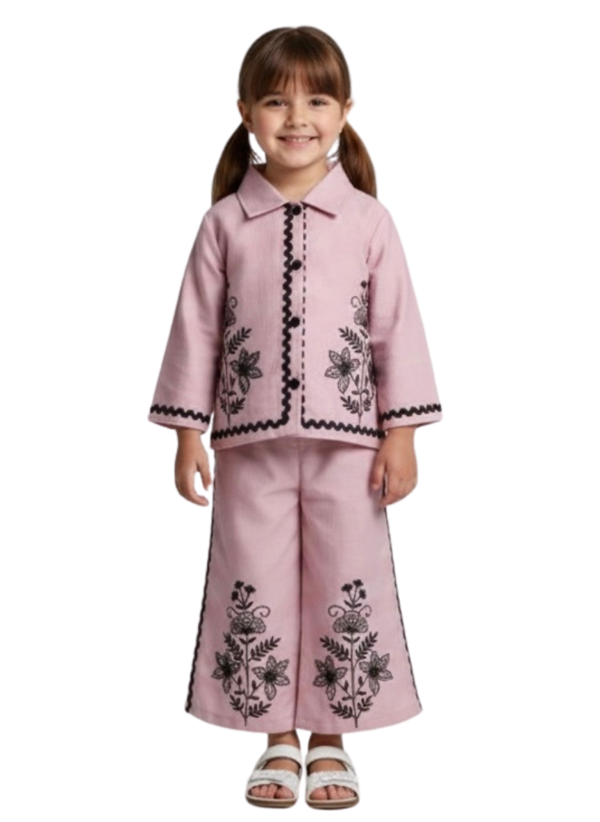 Girls Pink Embroidered Ethnic Co-Ord Set