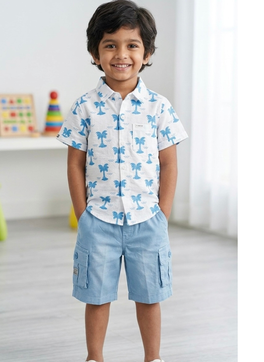 Blue Palm Print Shirt & Shorts Set