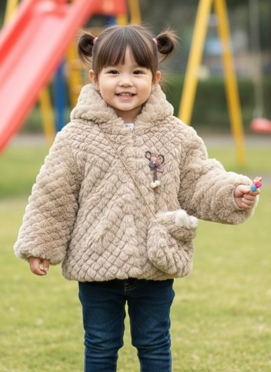 Girls Brown Pearl Fur Jacket