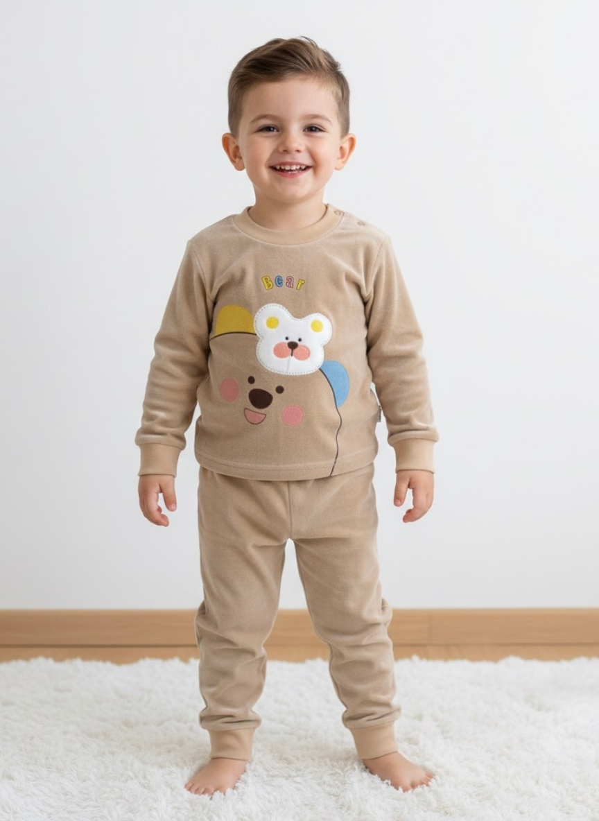 Boys Beige Soft Velvet Bear Print Co-Ord Set