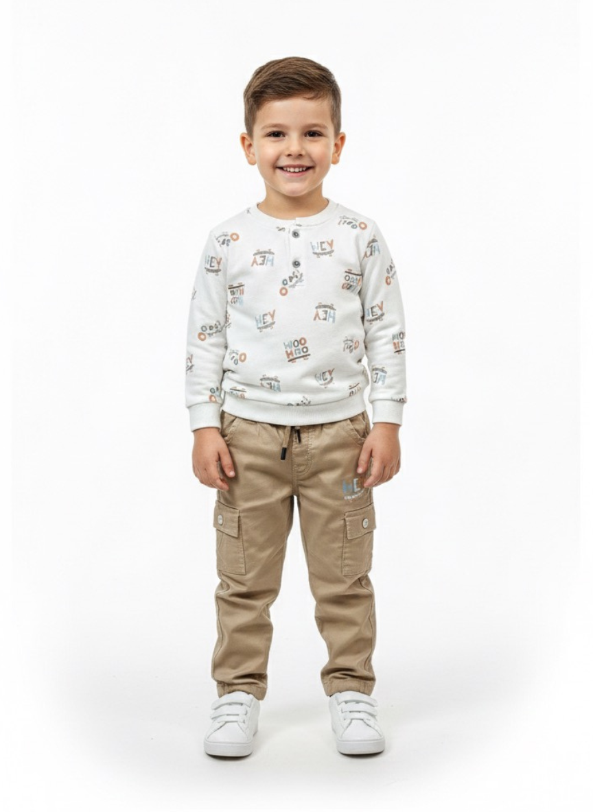 Boys White & Beige Full Sleeves Set