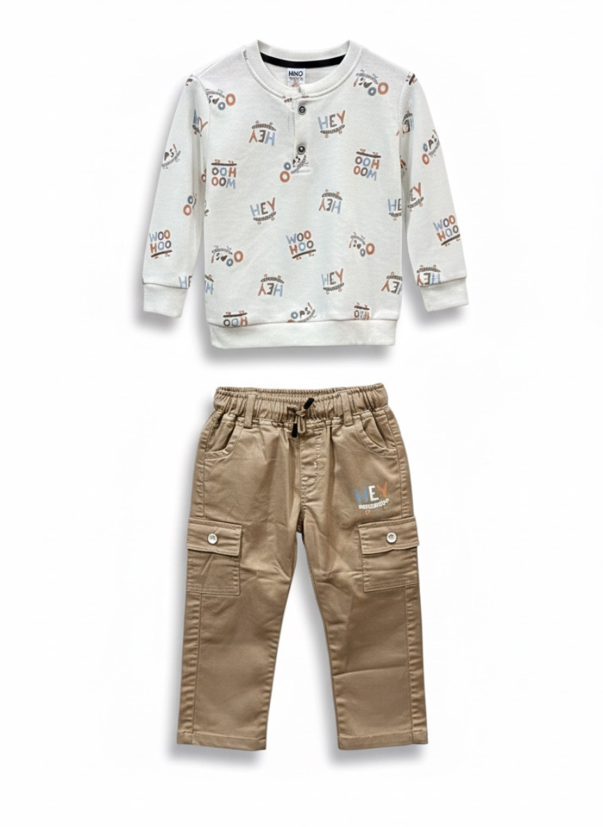 Boys White & Beige Full Sleeves Set