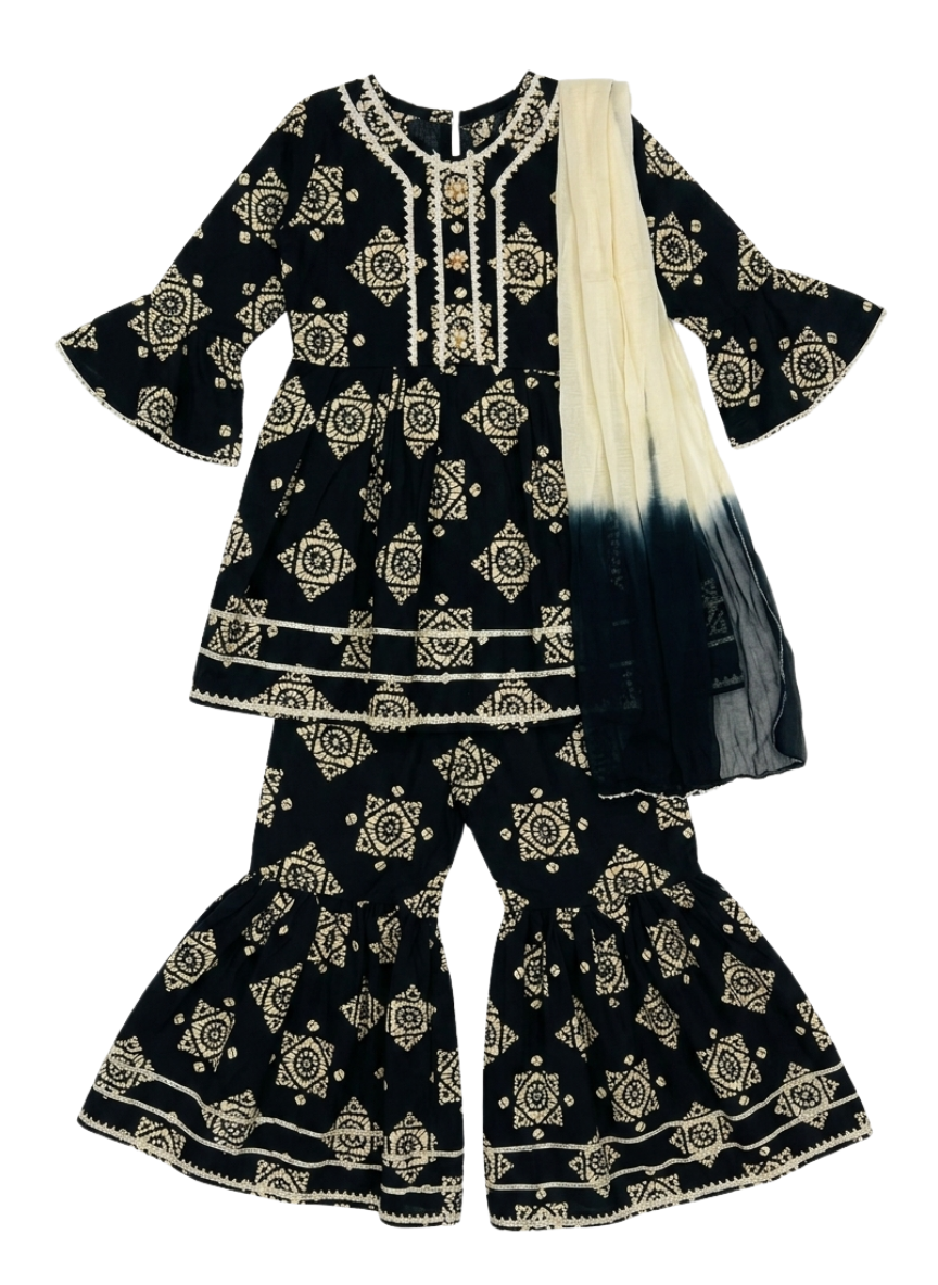 Cotton Black & White Sharara Set (5–10 Years)