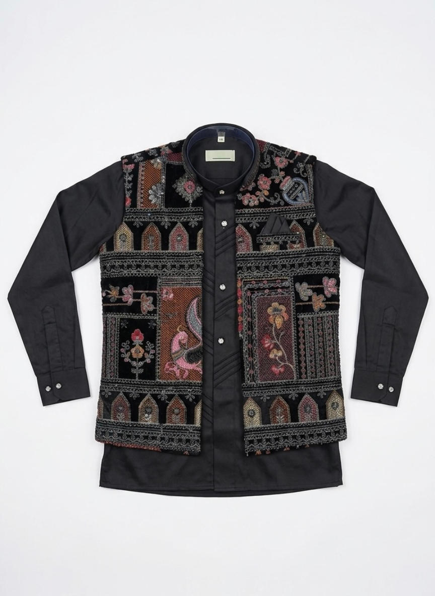 Black Boys Kurta Set with Embroidered Waistcoat