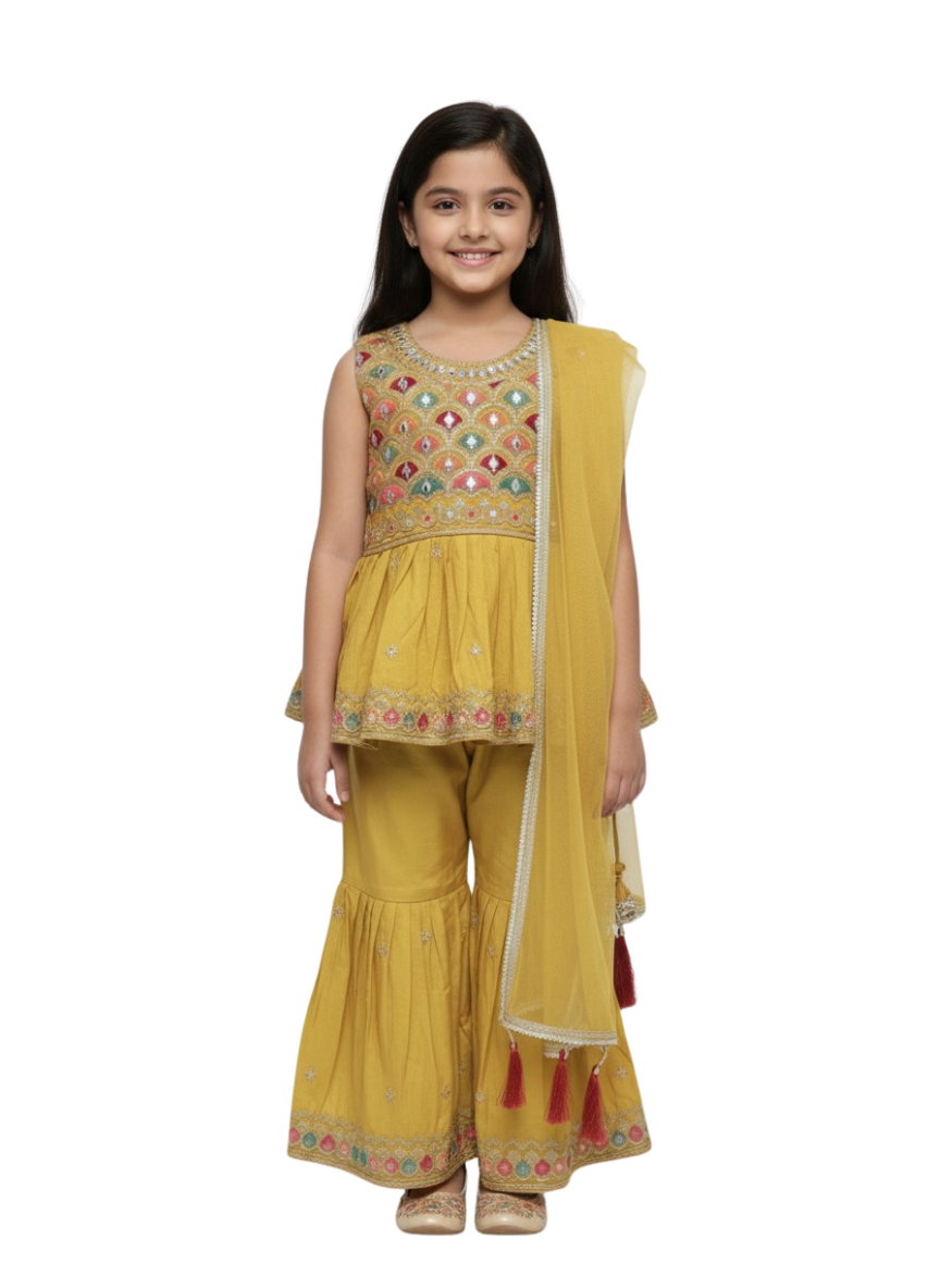 Girls Yellow Embroidered Ethnic Suit Set (Georgette)