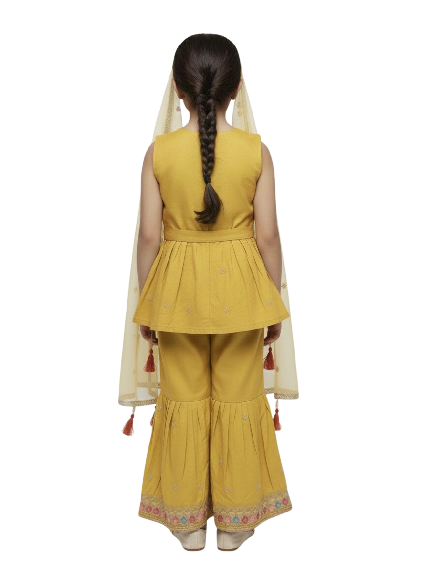 Girls Yellow Embroidered Ethnic Suit Set (Georgette)