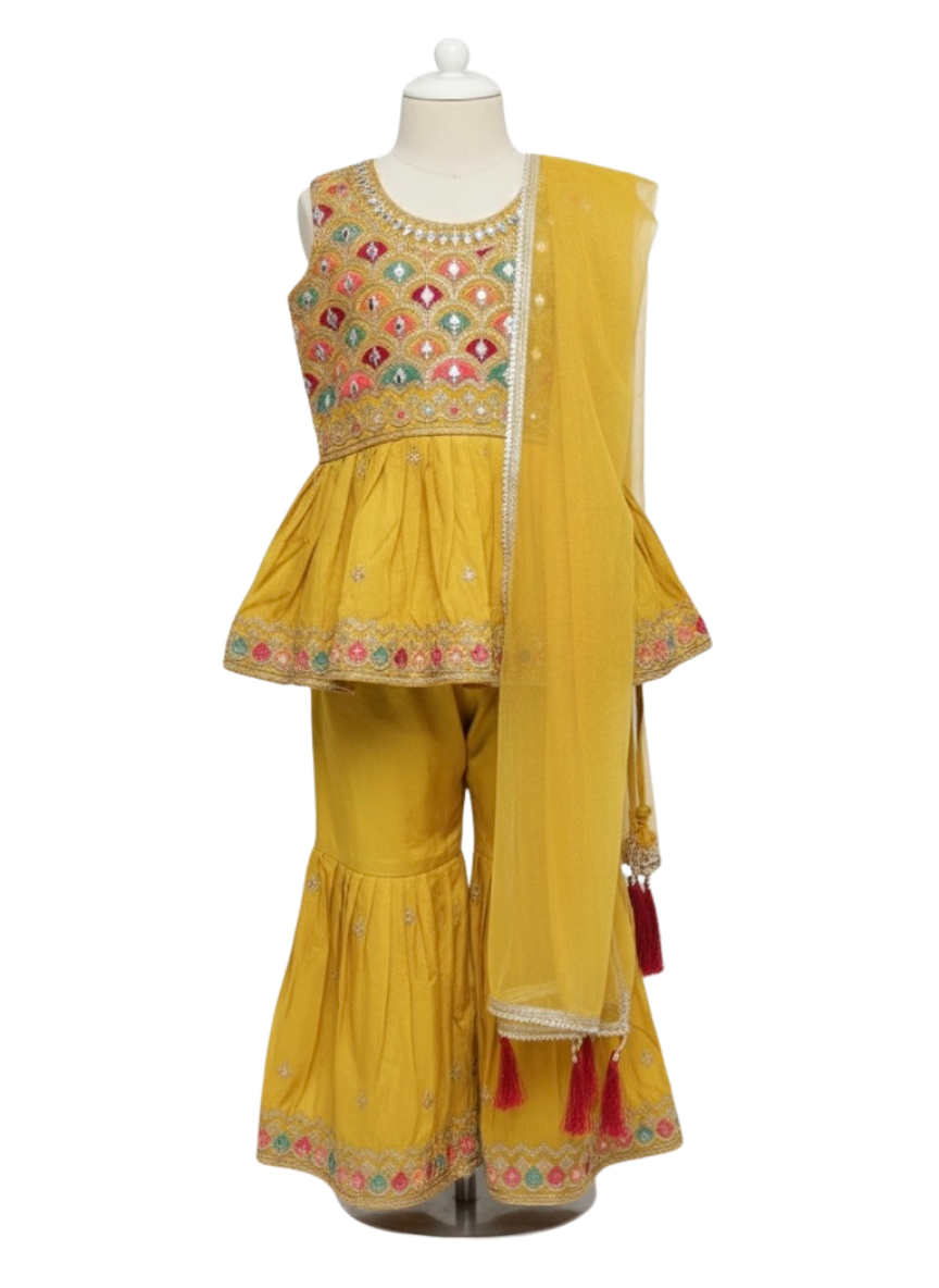 Girls Yellow Embroidered Ethnic Suit Set (Georgette)