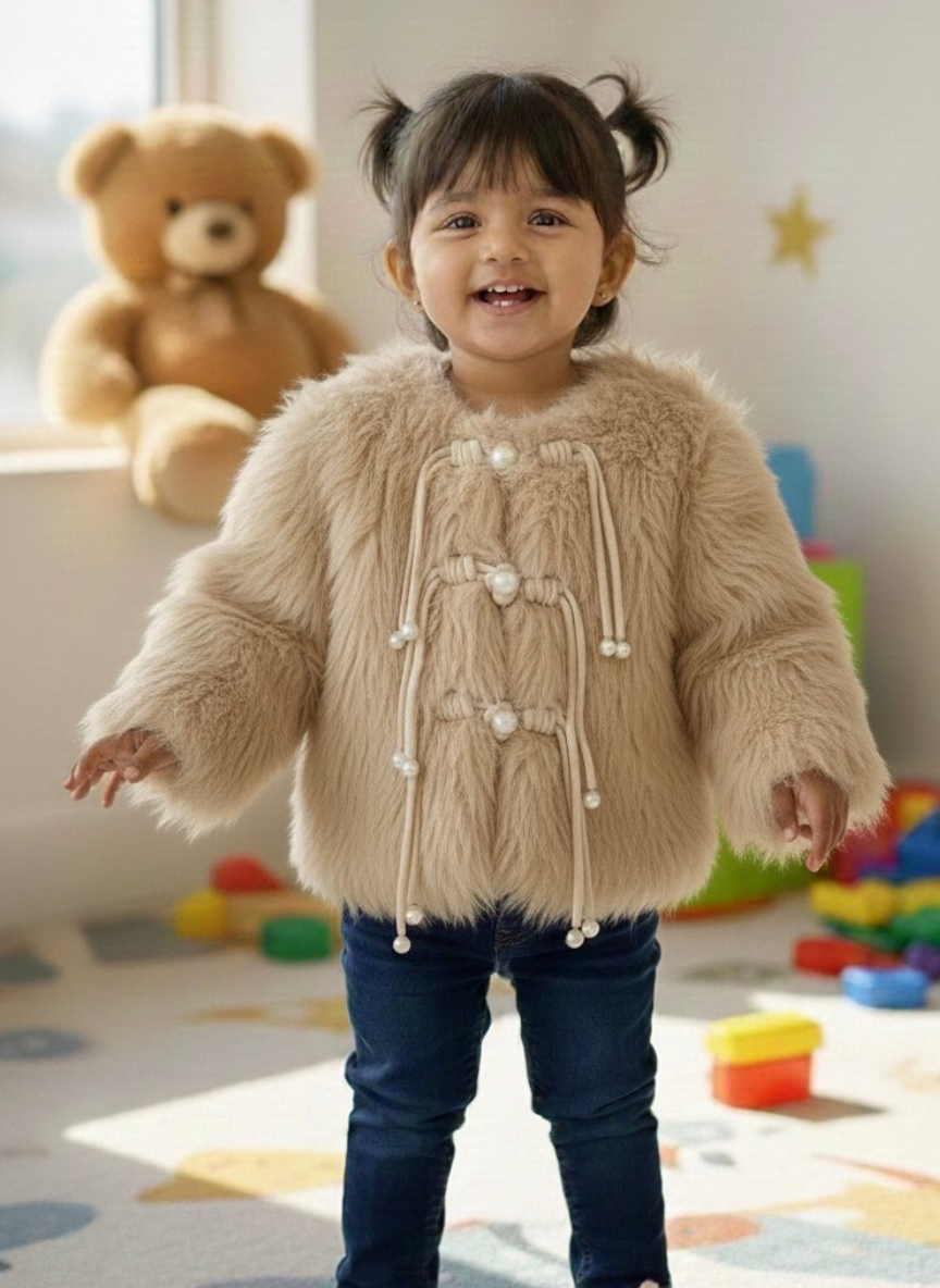 Girls Brown Pearl Fur Jacket
