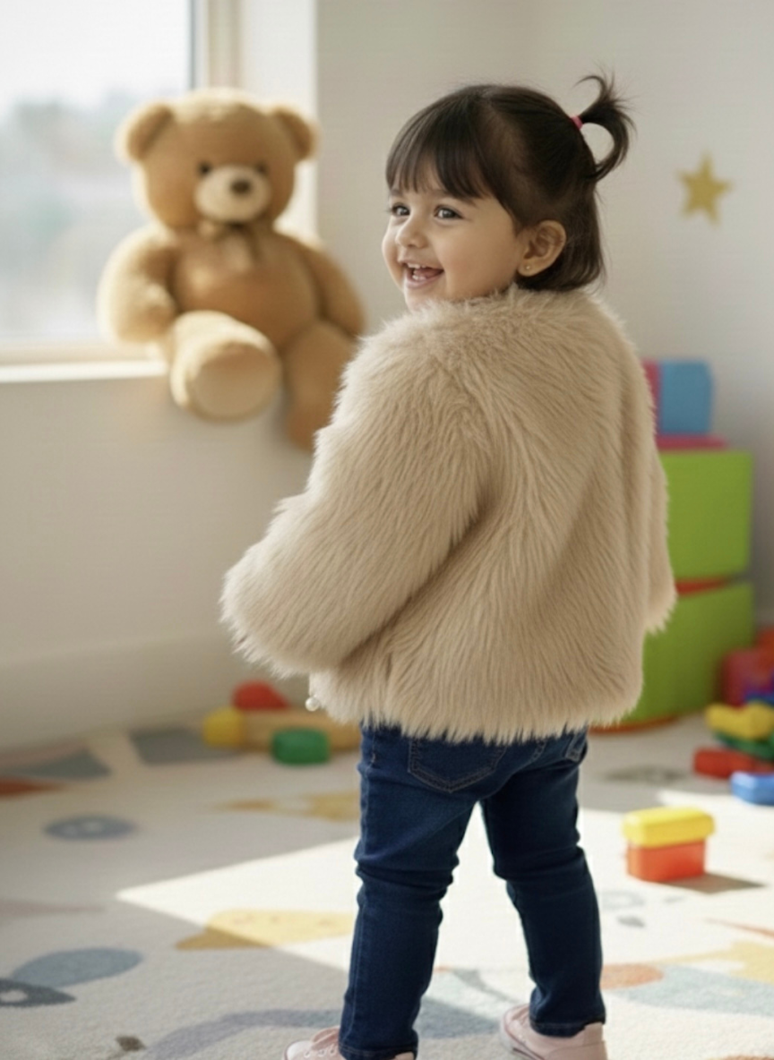 Girls Brown Pearl Fur Jacket