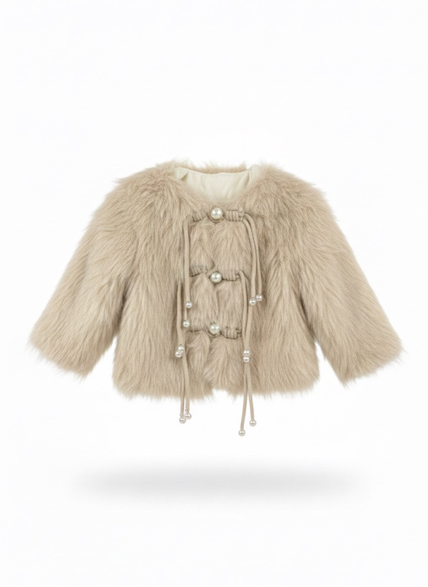 Girls Brown Pearl Fur Jacket