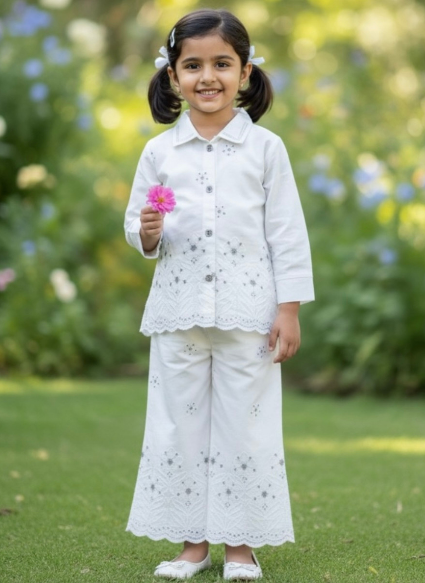 Girls White Embroidered Ethnic Set