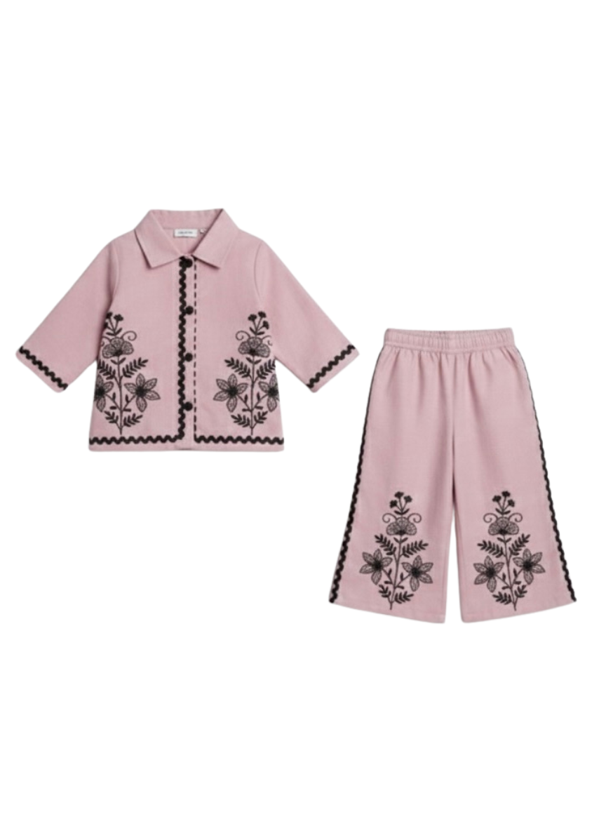 Girls Pink Embroidered Ethnic Co-Ord Set