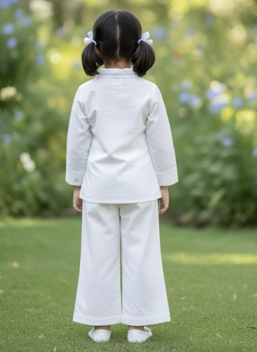 Girls White Embroidered Ethnic Set