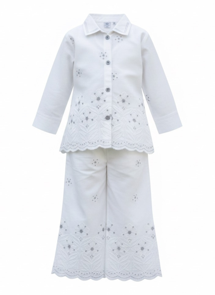 Girls White Embroidered Ethnic Set