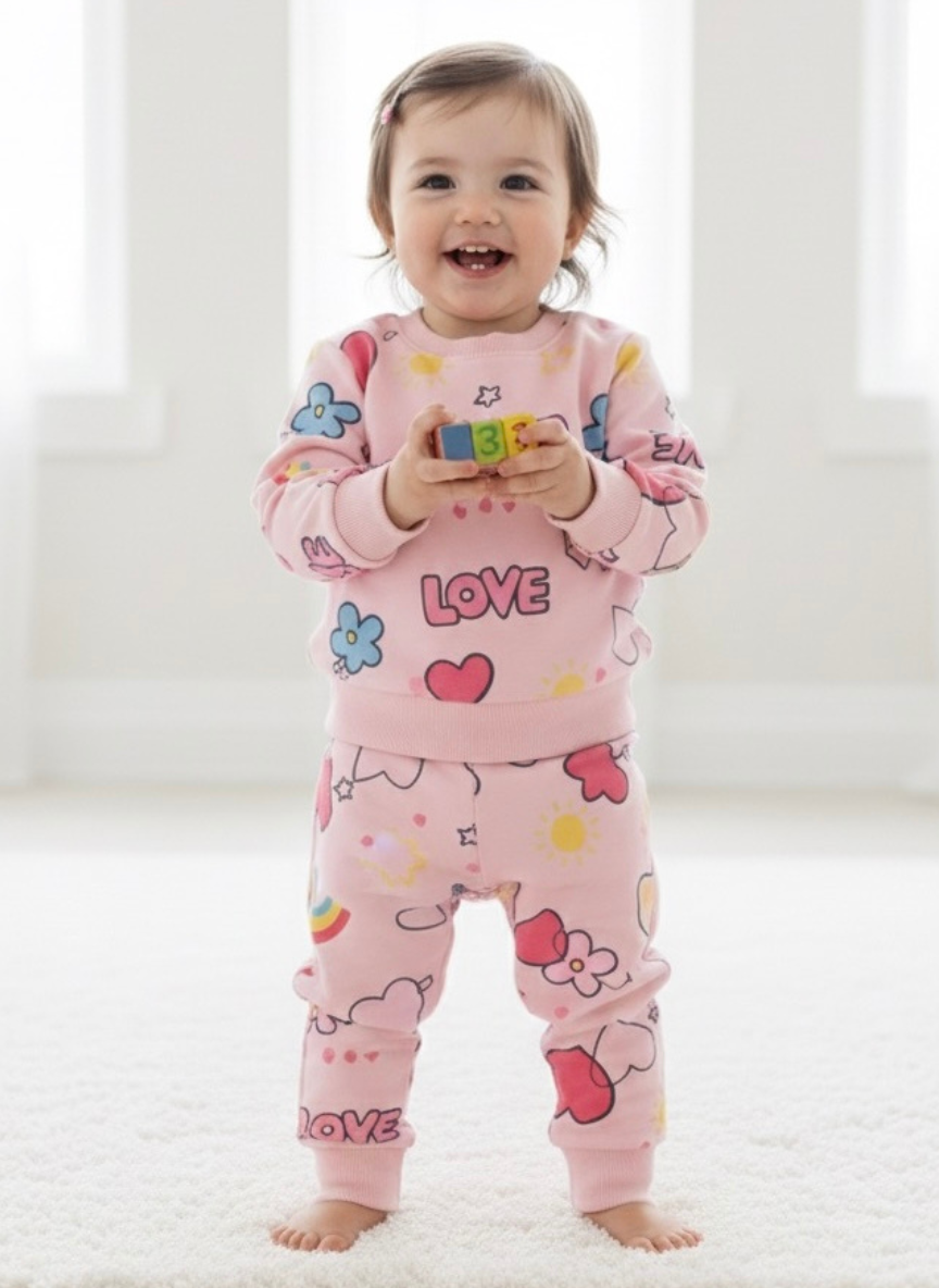 Baby Girls Pink Heart Print Fleece Co-Ord Set