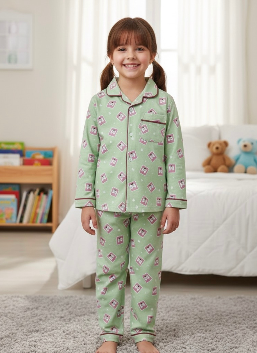 Green Cotton Night Suit for Babies