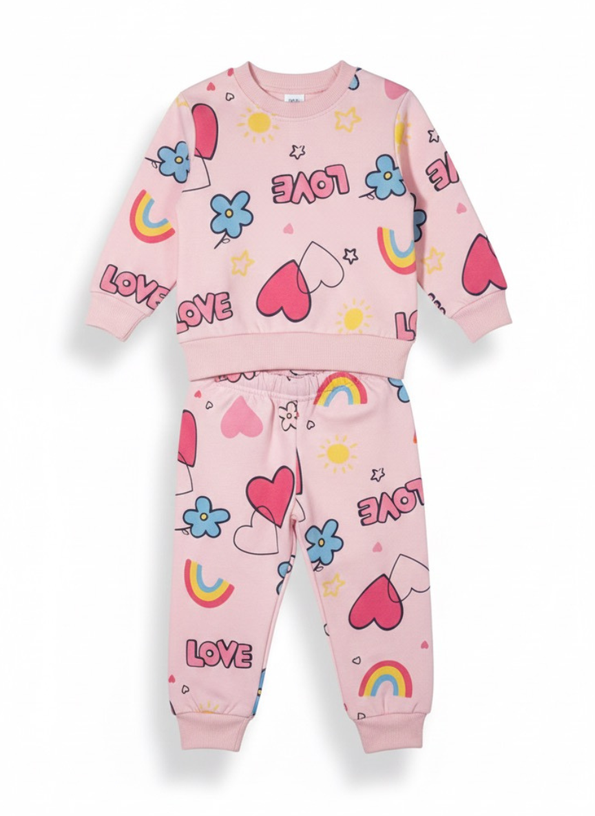 Baby Girls Pink Heart Print Fleece Co-Ord Set