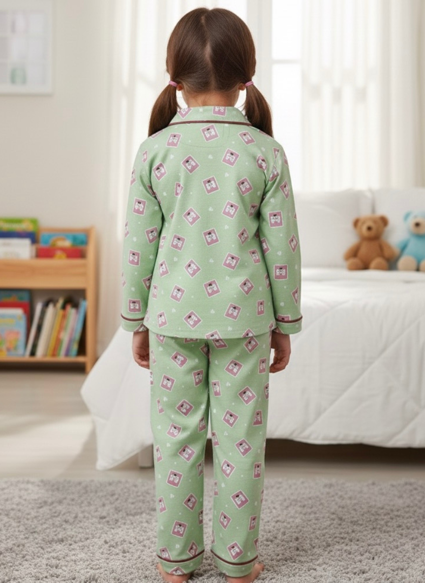 Green Cotton Night Suit for Babies