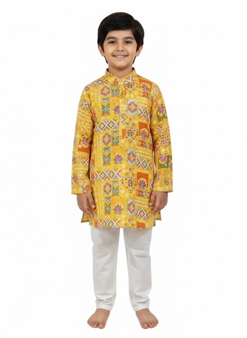 Boys Yellow Printed Kurta Pajama Set