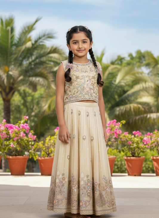 Crème Work Ethnic Lehenga Set (8–10 Years)