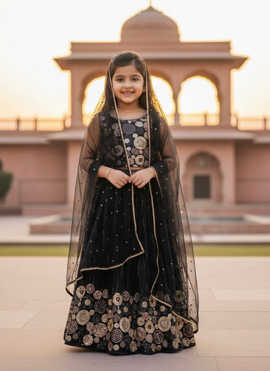 Black Ethnic Lehenga Set (5–9 Years)