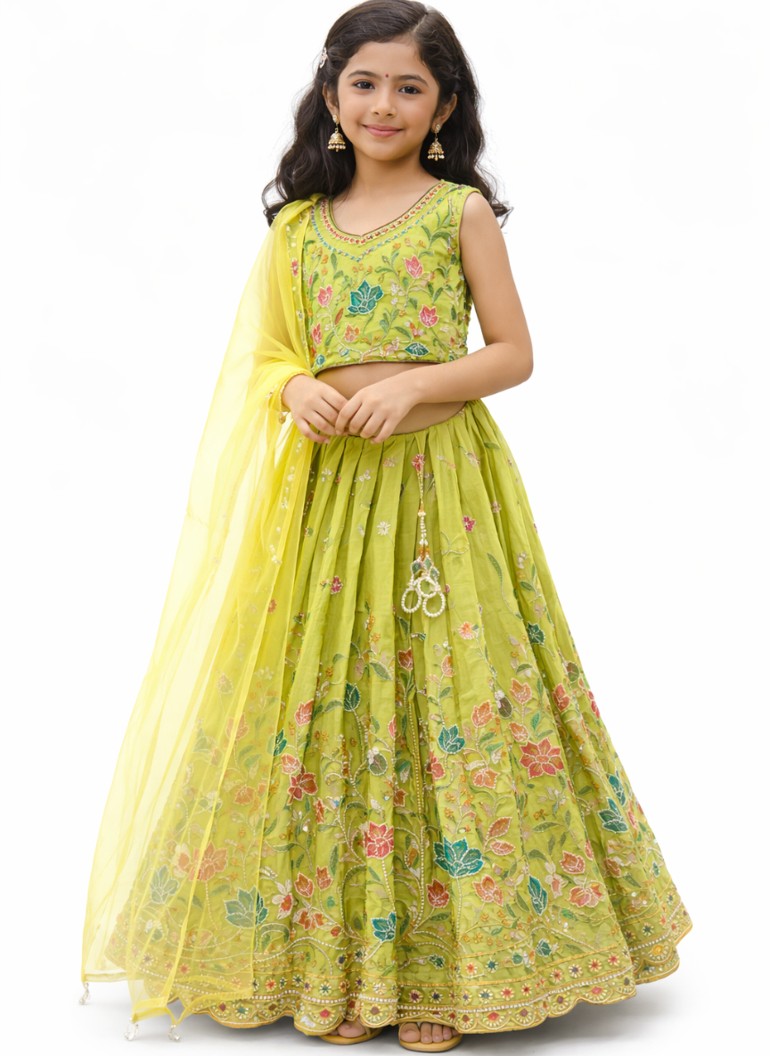 Lime Green Embroidered Lehenga Set