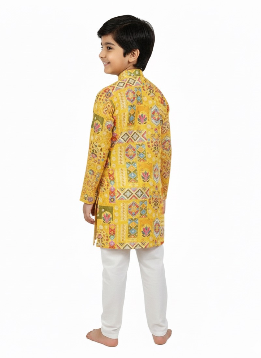 Boys Yellow Printed Kurta Pajama Set