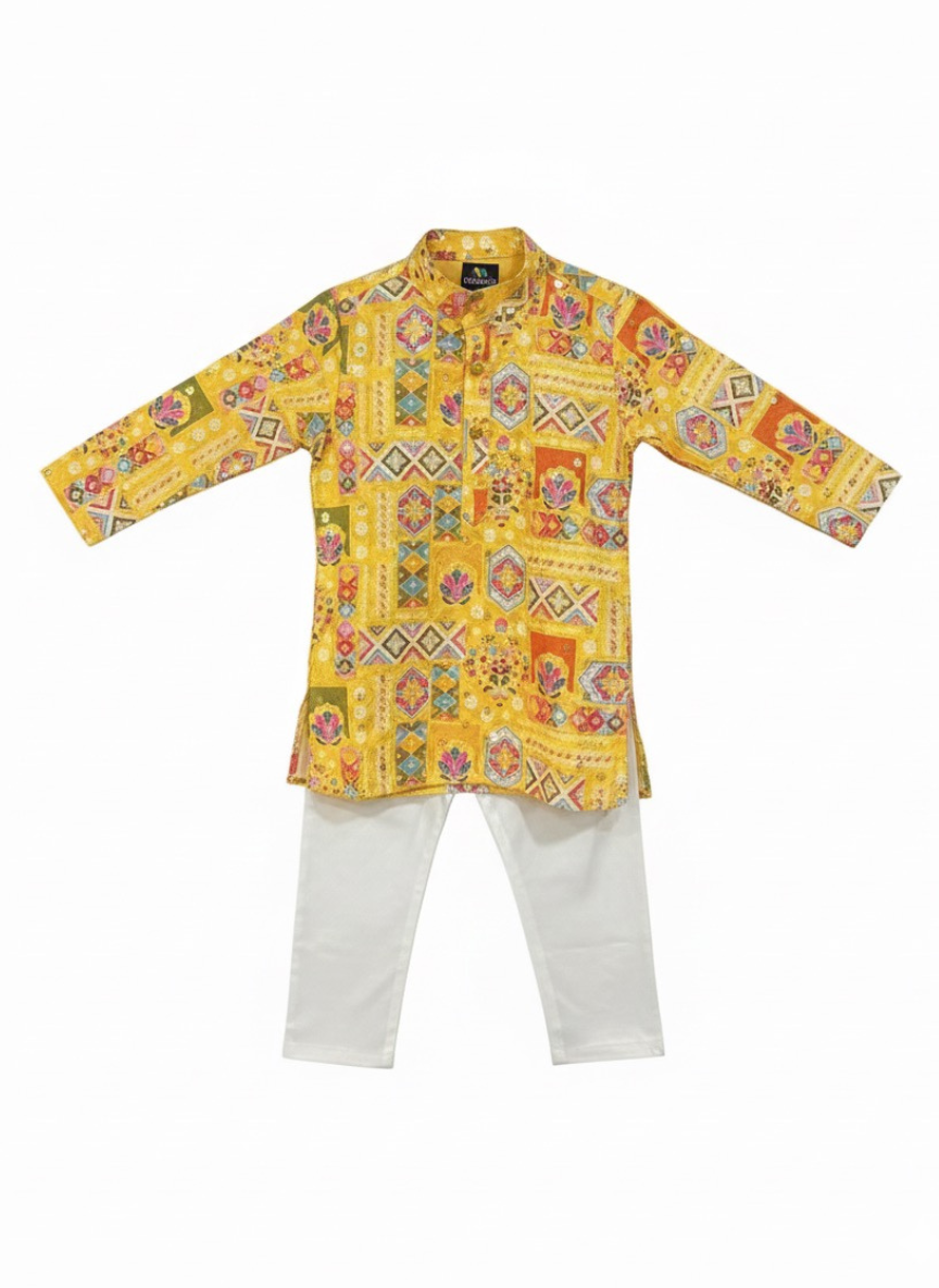 Boys Yellow Printed Kurta Pajama Set
