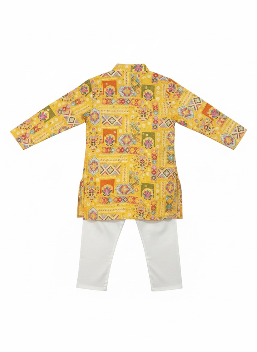 Boys Yellow Printed Kurta Pajama Set