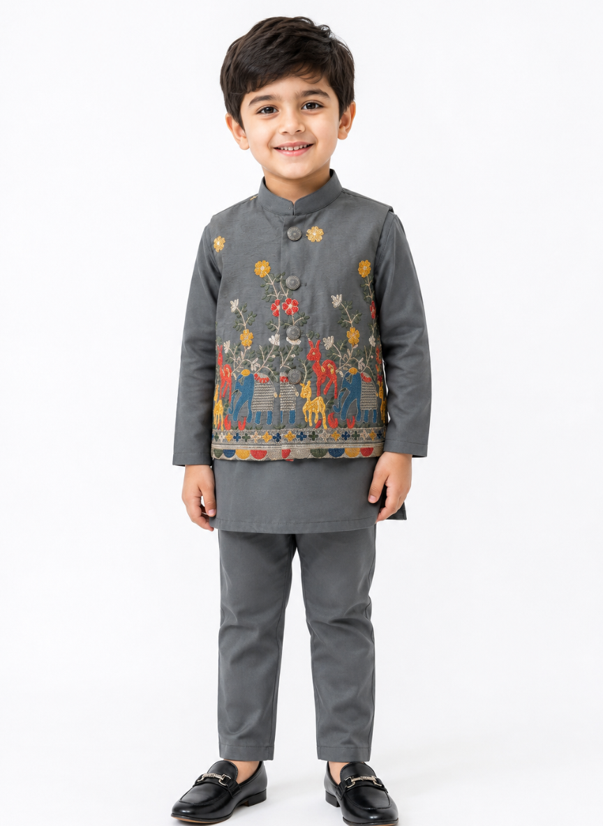 Grey Embroidered Kurta Set