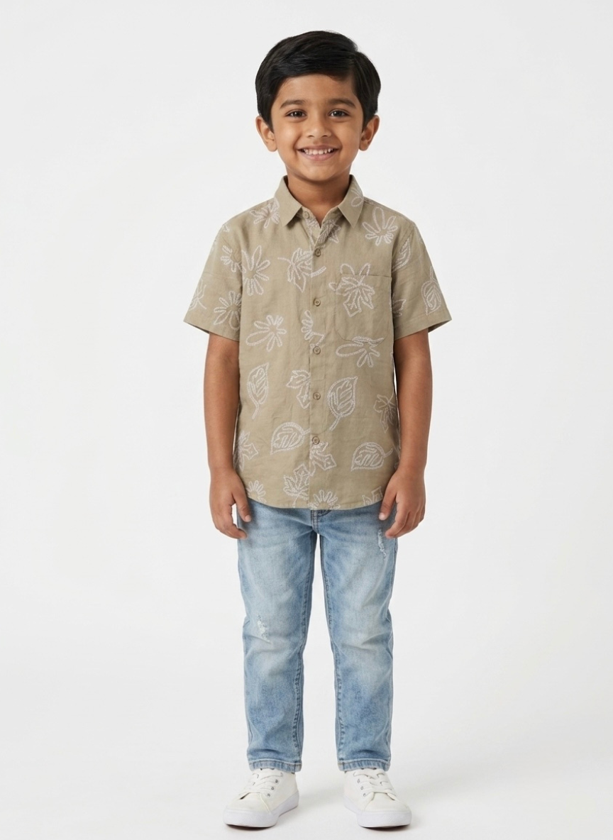 Boys Olive Green Printed Casual Shirt