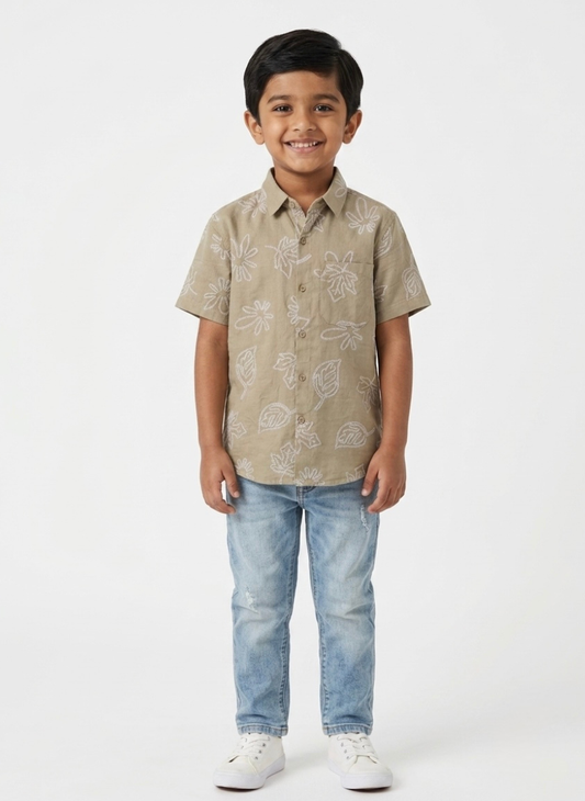 Boys Olive Green Printed Casual Shirt