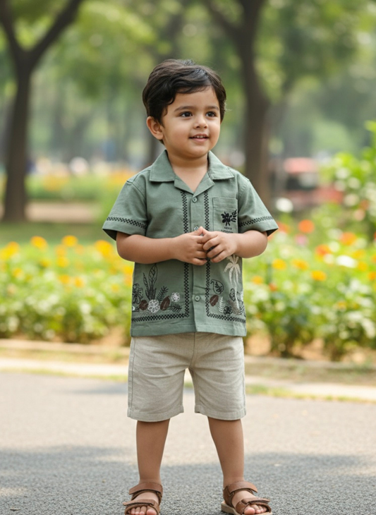 Green Embroidered Casual Shirt