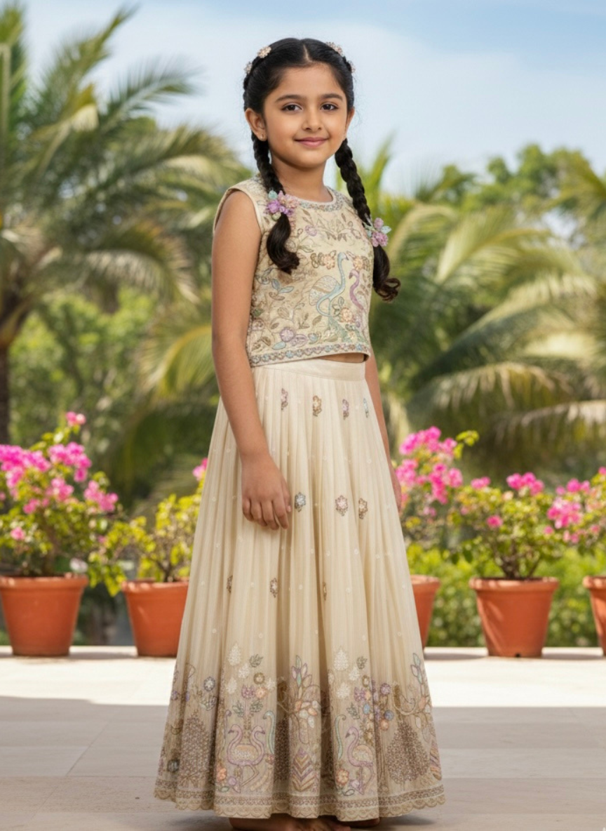 Crème Work Ethnic Lehenga Set (8–10 Years)