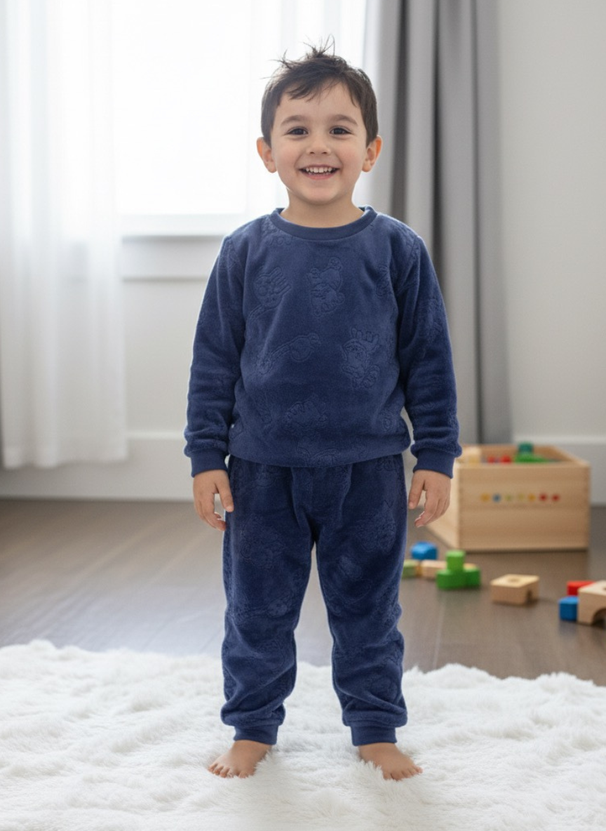 Dark Blue Velvet Night Suit Set for Kids