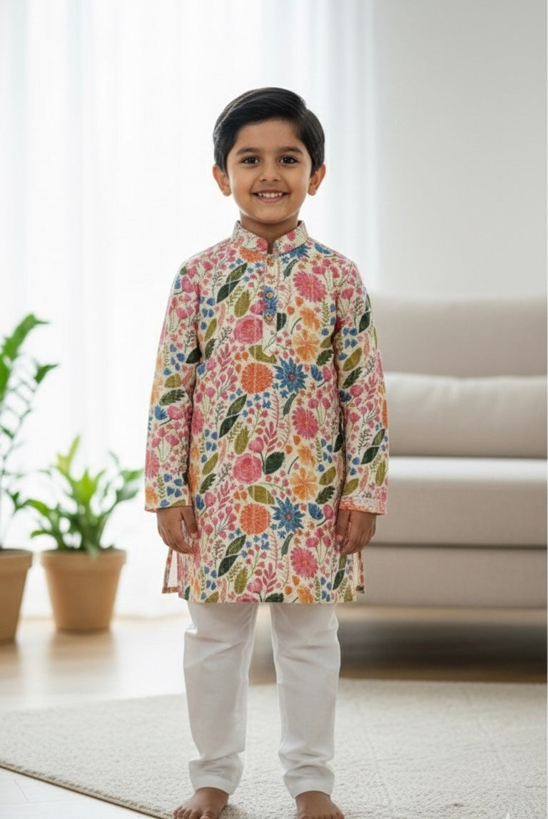Boys Floral Print Kurta Pajama Set