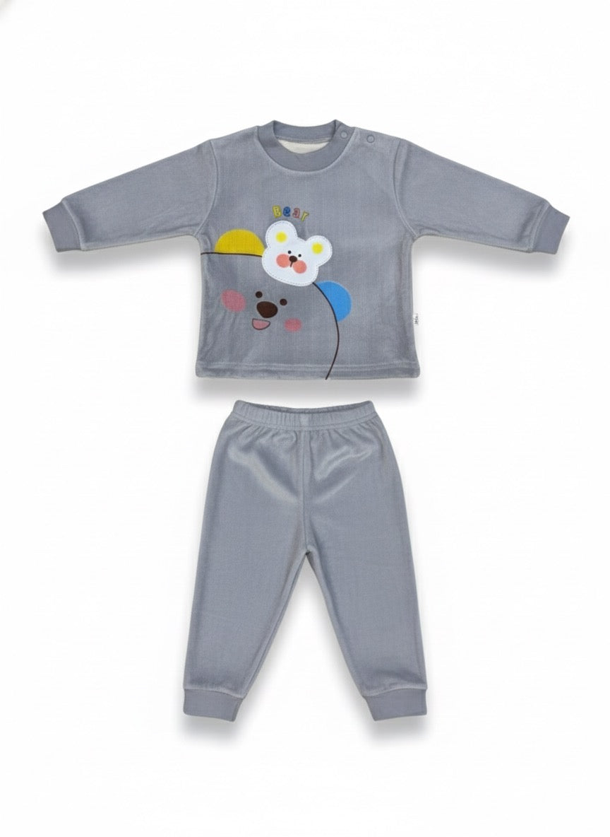Boys Gray Soft Velvet Bear Print Co-Ord Set